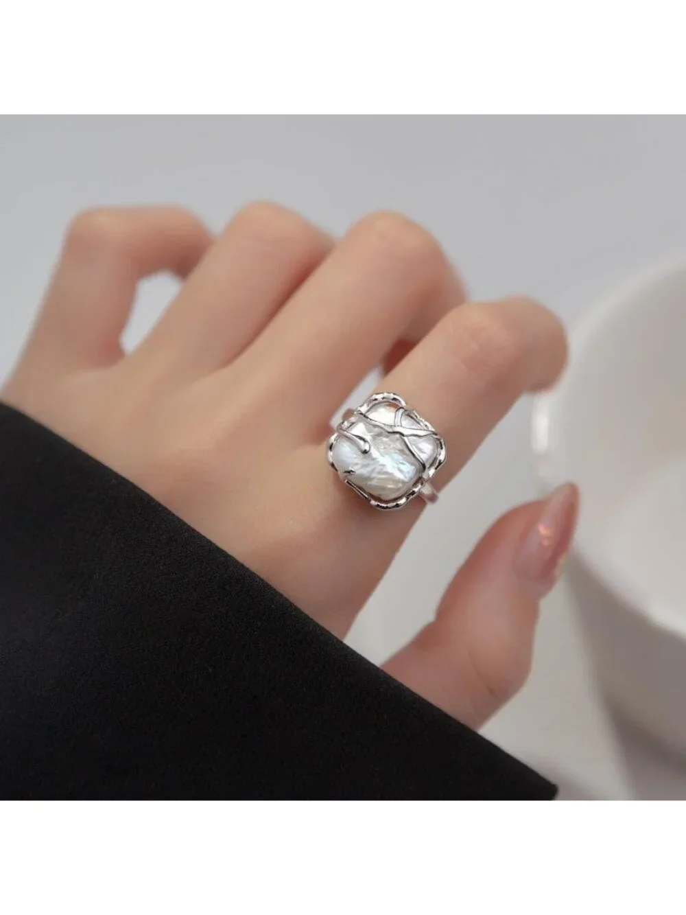 Elegant Baroque Pearl Ring - 925 Sterling Silver Adjustable Fashion Band for